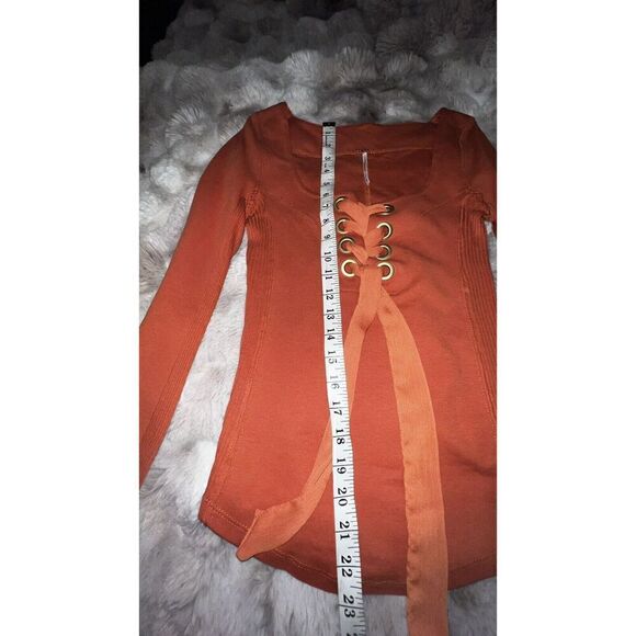 Free People Burnt Orange Lace Up Satin Ribbon Front Long Sleeve Top, Size Xsmall - Picture 10 of 13